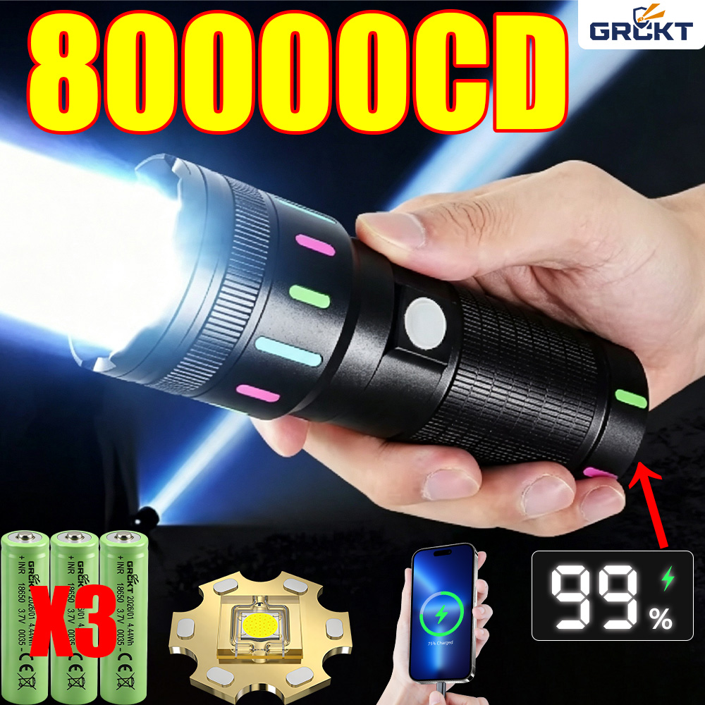 Outdoor Powerbank - 80000CD 最も強力なLED懐中電灯 ハイパワー戦術ハンティング懐中電灯 充電式トーチ アウトドア防水ランタンライトレーザーポインター 超強力