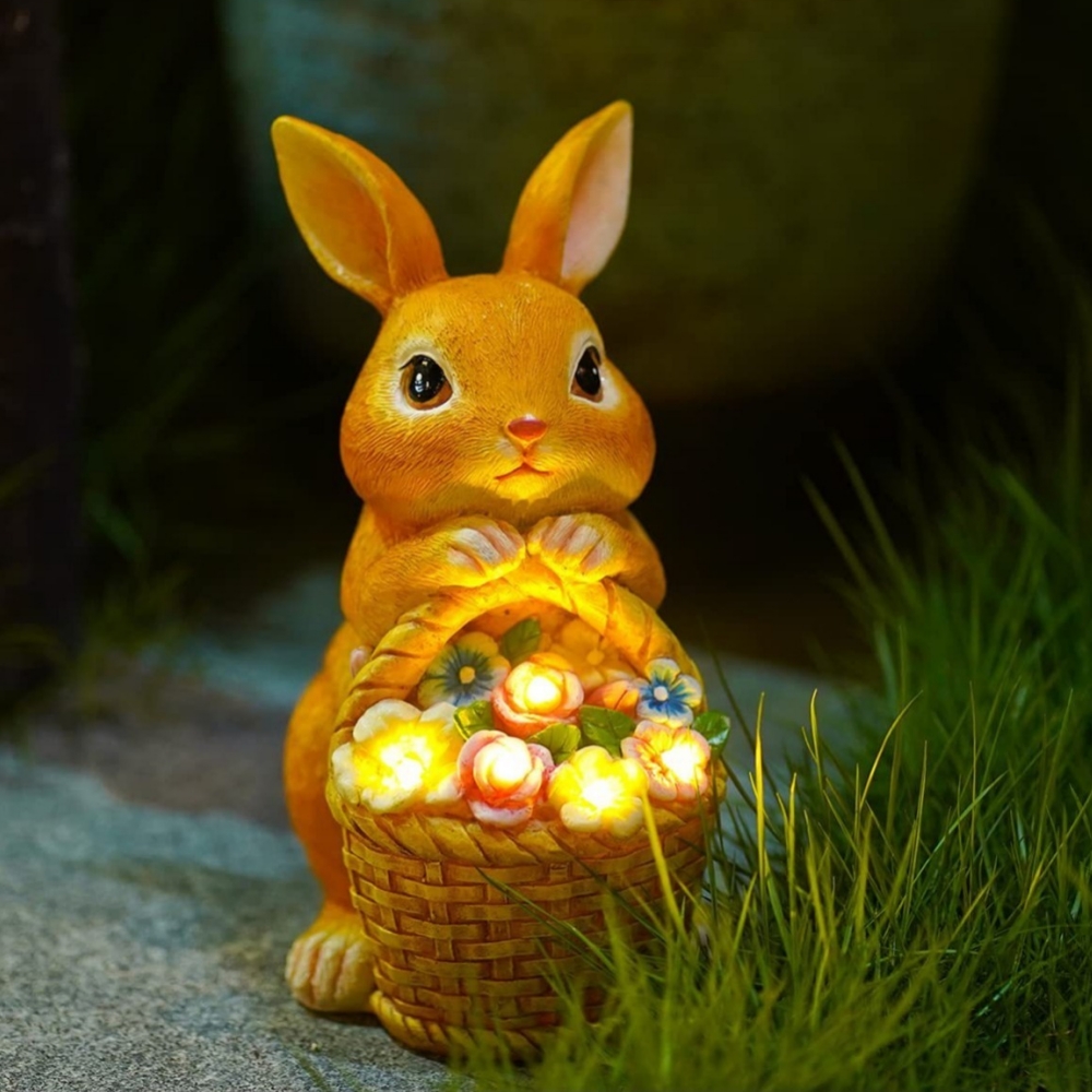 Outdoor Power Deals - ソーラー充電式ウサギの庭飾り、樹脂製バニーと花のデコレーション、LEDライト付き、防水屋外装飾、お得なガーデニングギフト