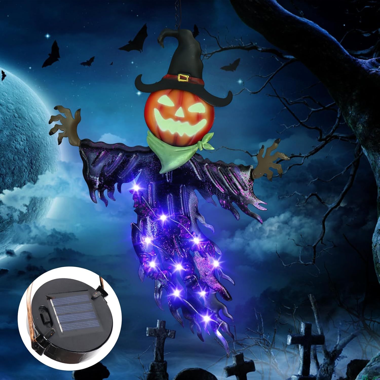 Outdoor Power For Christmas Lights - ソーラーハロウィンメタルハンギングデコレーション屋外用、ソーラー電源で光る目を持つメタルパンプキン